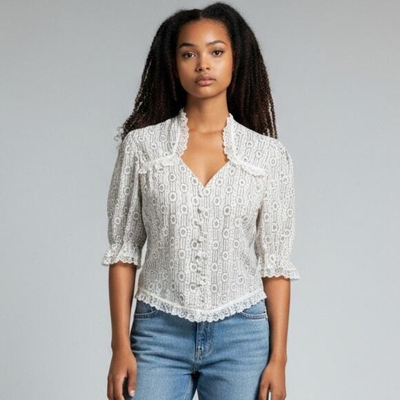 Vintage Sun n Fun Cottagecore Prairie Short Sleeve Floral Print Lace Size Large - Picture 1 of 8